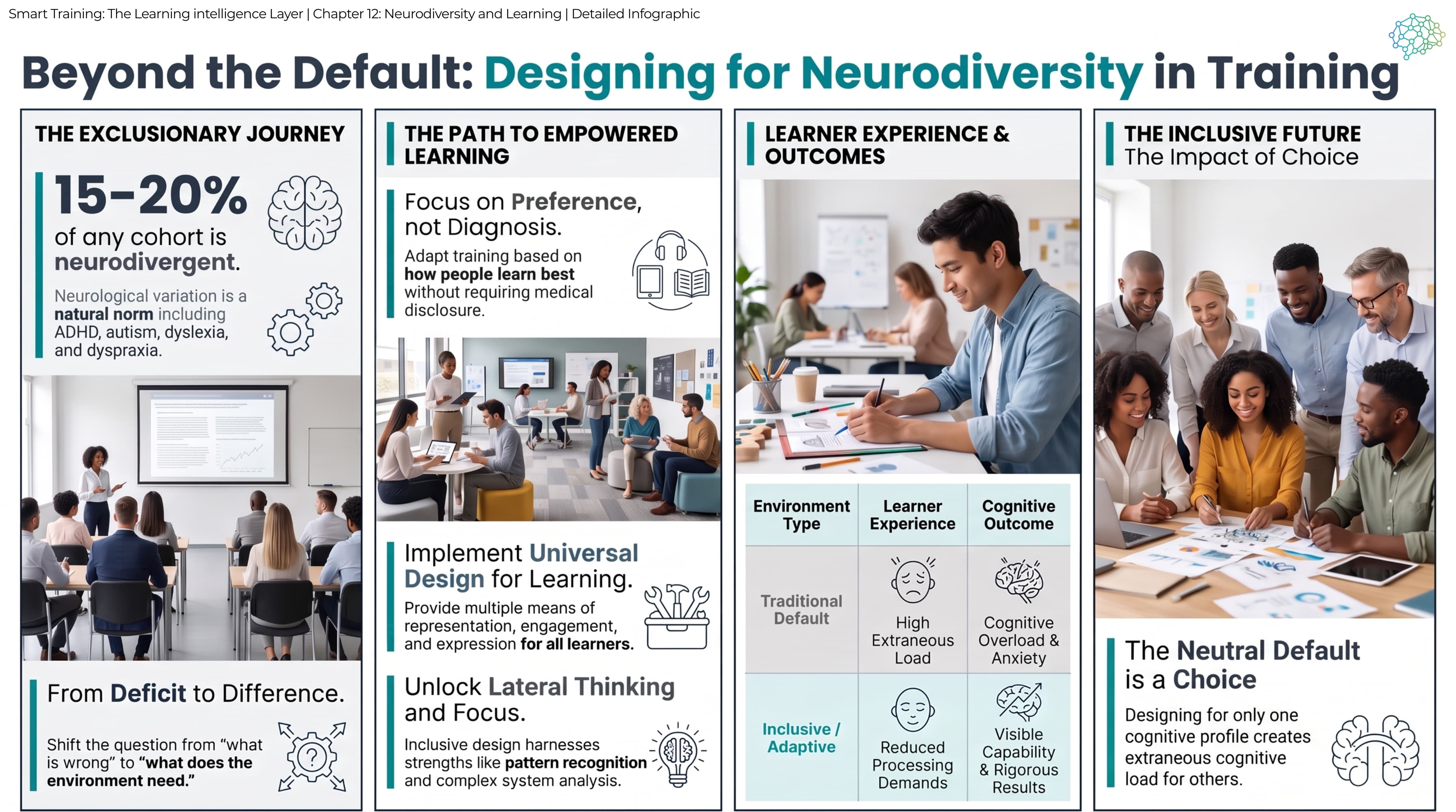 Detailed infographic: 15 to 20% of any cohort is neurodivergent, including ADHD, autism, dyslexia and dyspraxia; a path through preference rather than diagnosis, Universal Design for Learning and strengths such as pattern recognition; a table comparing a traditional default, with high extraneous load, overload and anxiety, against an inclusive, adaptive environment with reduced processing demands and visible capability; and the point that a neutral default is a choice.