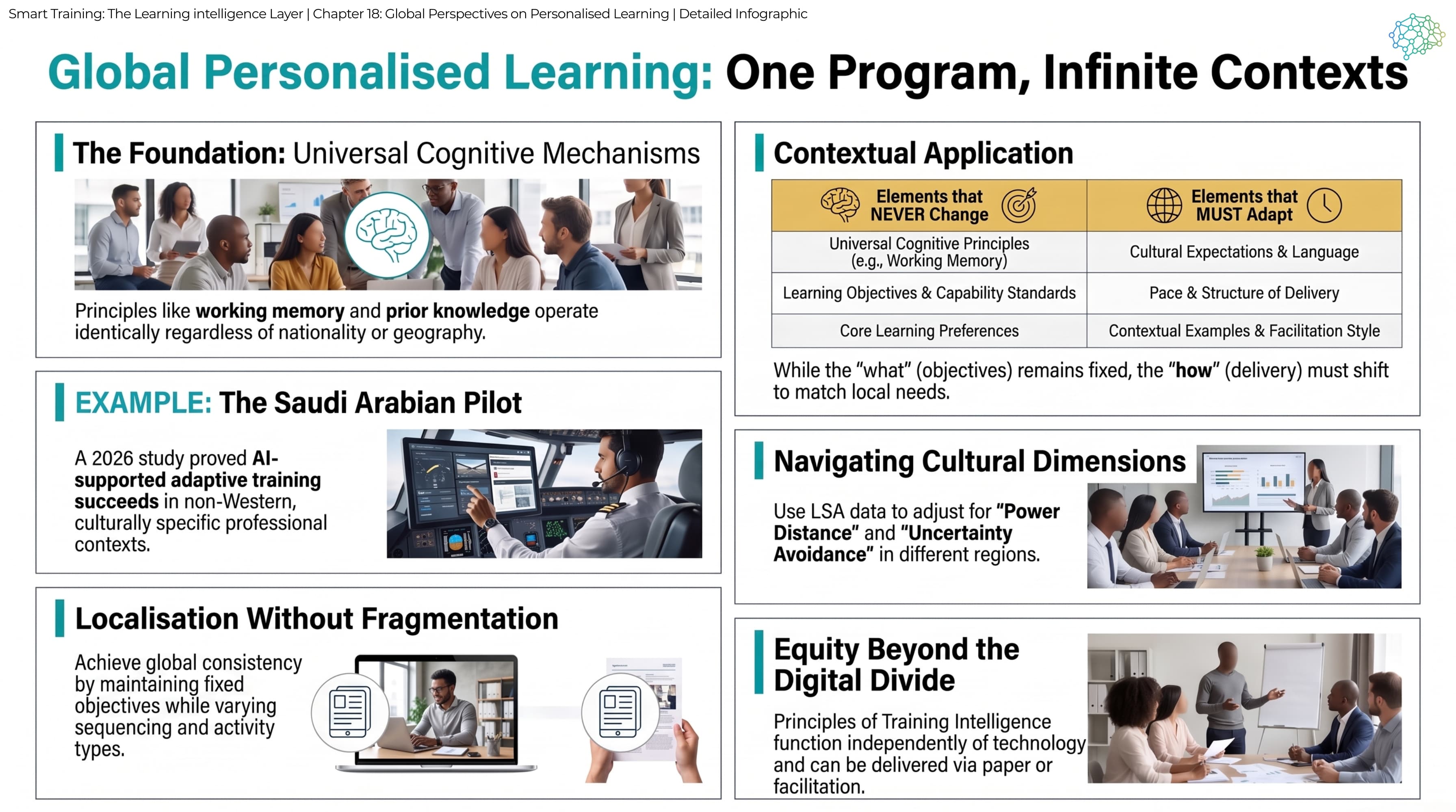 Detailed infographic: universal cognitive mechanisms as the foundation, a table of elements that never change (cognitive principles, objectives and standards, core learning preferences) against elements that must adapt (cultural expectations and language, pace and structure, examples and facilitation style), a 2026 pilot of adaptive training in Saudi Arabia, cultural dimensions, localisation without fragmentation, and equity beyond the digital divide.