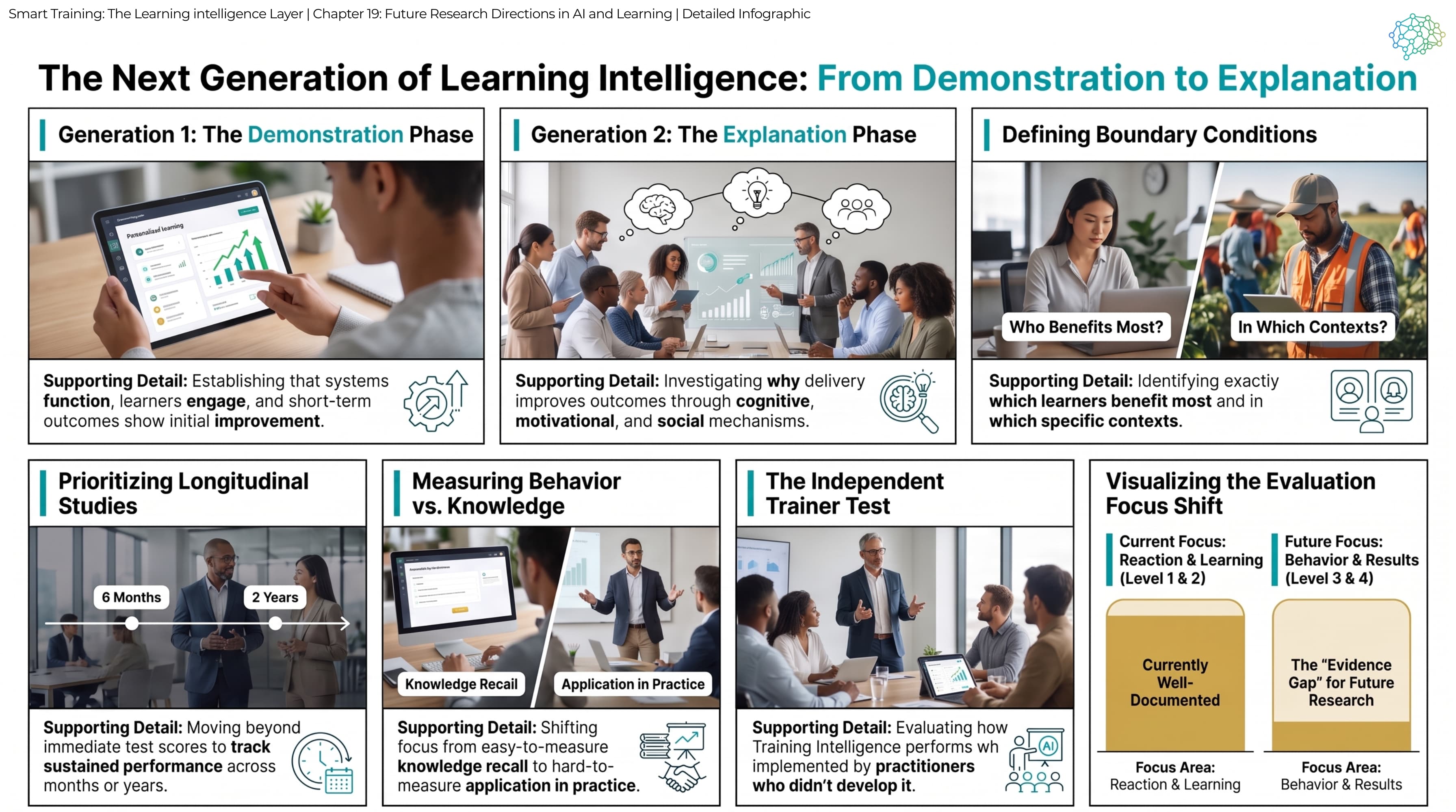 Detailed infographic: generation one, the demonstration phase, and generation two, the explanation phase; defining boundary conditions for who benefits most and in which contexts; longitudinal studies at six months and two years; measuring application in practice rather than knowledge recall; the independent trainer test; and the evaluation focus shifting from reaction and learning, Kirkpatrick levels 1 and 2, to behaviour and results, levels 3 and 4.