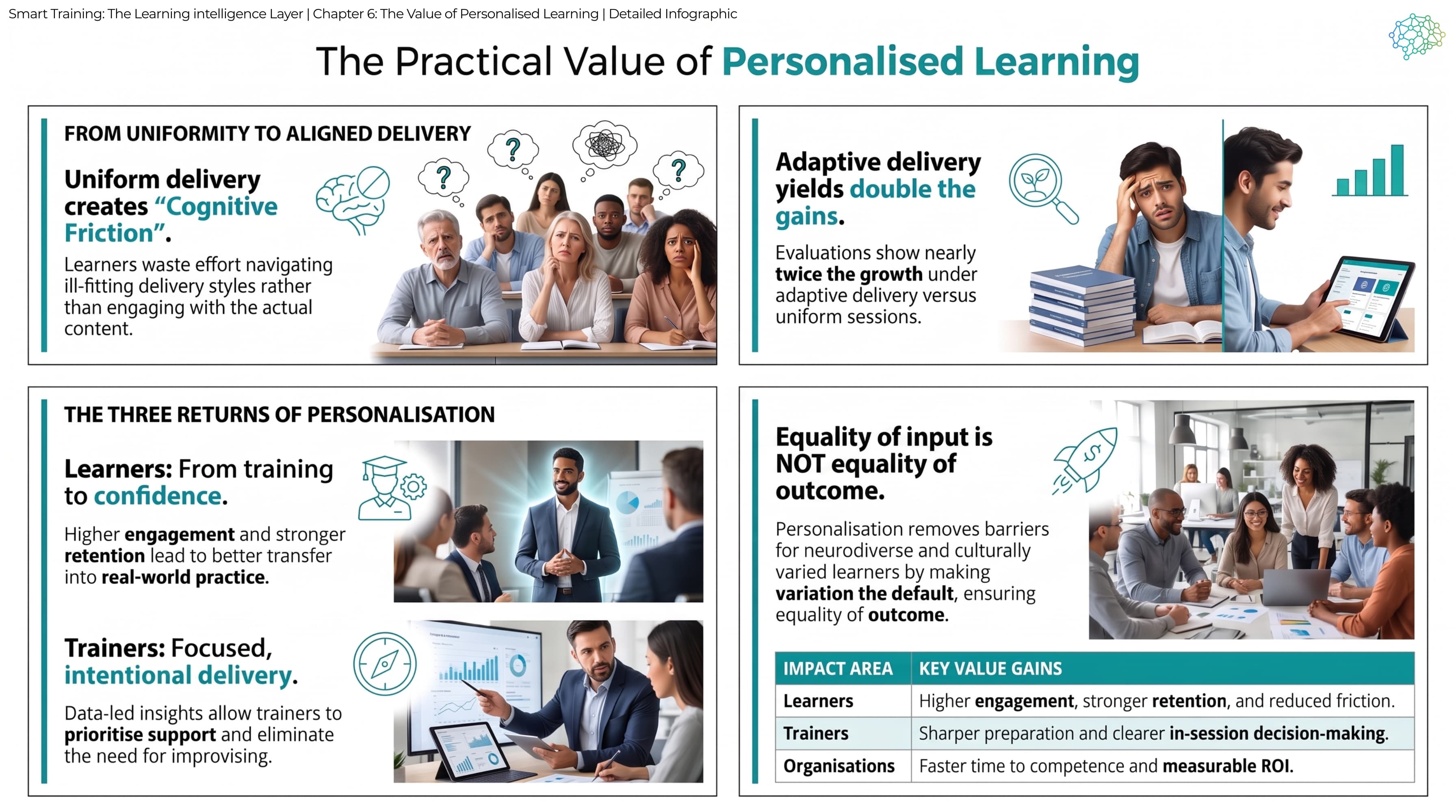 Detailed infographic: uniform delivery creates cognitive friction; adaptive delivery yields nearly twice the growth of uniform sessions; the three returns for learners and trainers; and equality of input is not equality of outcome, with a table of gains. Learners get higher engagement, stronger retention and reduced friction; trainers get sharper preparation and clearer in-session decisions; organisations get faster time to competence and measurable ROI.